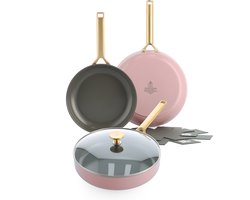 BK Sublime Koekenpannenset 4-delig - 24/28cm - PFAS-vrije antikleeflaag - Pannenset inductie - Keramische pan - Ovenbestendig tot 220°C - Gouden stainless steel handgreep - Met pannenbeschermers - Blush Pink