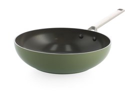 BK Sublime Olive Green Wokpan 28cm - PFAS vrije antikleeflaag - Wokpan inductie - Keramische pan - Ovenbestendig tot 220°C - Vaatwasserbestendig - Gouden stainless steel handgrepen - Olijfgroen