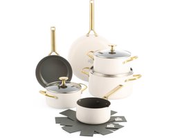 BK Sublime Pannenset 11-delig - 18/20/24/28cm - PFAS vrije antikleeflaag - Pannenset inductie - Keramische pan - Ovenbestendig tot 220°C - Gouden stainless steel handgrepen - Crème