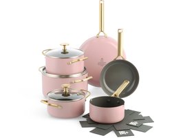 BK Sublime Pannenset 11-delig - 18/20/24/28cm - PFAS-vrije antikleeflaag - Pannenset inductie - Keramische pan - Ovenbestendig tot 220°C - Met glazen deksel - Met pannenbeschermers - Roze