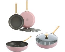 BK Sublime Pannenset - 28cm Hapjespan, 28cm Wok, 24cm & 28cm Koekenpannen - Blush Pink - PFAS-vrij - Keramische antikleeflaag