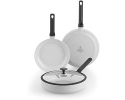 BK Universe Granite Pannenset 3-delig - Koekenpannen 24/28cm - Hapjespan met deksel 28cm/3.58L - PFAS-vrije antikleeflaag - Inductie pannenset - Keramische pannenset - Ovenbestendig tot 160°C - Koudgrepen - Grijs/Graniet