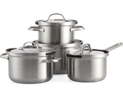 BK Vesta 4-delige Pannenset 16/18/20cm - 1.8/2.5/3.5L- PFAS-vrije antikleeflaag - RVS pannenset - Pannenset inductie - Ovenbestendig tot 220°C - Met deksel - Zilver