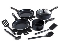 BK Vivid Keramische Antiaanbak Pannenset 11 delig - Ø16-28cm - Inductie Koekenpan - Inductie Hapjespan - Inductie Steelpan - PFAS-vrij – Ovenbestendig tot 160°C – Vaatwasserbestendig – Snelle opwarming – Koudgrepen - Zwart