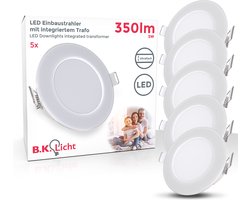 B.K.LICHT - LED Badkamer Inbouwspots - set van 5 - witte spots - IP65 waterdicht - badkamerverlichting - ultraplat 3 cm - Ø8,6 cm - 4.000K neutraal wit licht - 350Lm - 3W