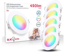 B.K.LICHT - RGBW Inbouwspots - set van 5 - badkamerverlichting - met afstandsbediening - dimbaar - gekleurd licht - IP44 - 9.2 cm x 4.5 cm (DxH) - wit
