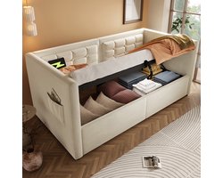BLACK COLORS Gestoffeerd bed 90x200 cm met hydraulische opbergruimte, USB Type-C, fluweel Beige