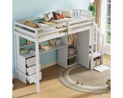 BLACK COLORS Hoogslaper 90x200 cm met bureau en kast, ladder met lades en een kast onder de ladder Wit