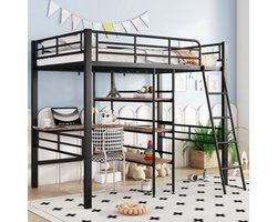 BLACK COLORS Hoogslaper stapelbed 90x200 cm Bed met bureau Meerdere planken Leuning Ladder IJzeren frame Zwart