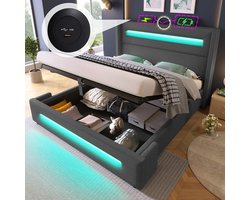 BLACK COLORS Tweepersoons opklapbed 160x200 cm Gestoffeerd met LED, hydraulische opbergruimte, USB-C, metaal en hout Grijs Linnen
