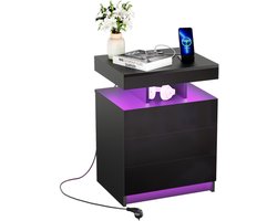 Black Wooden Bedside Table with 3 Drawers - Bluetooth Lamp Strip + Charging Station (2AC/2USB, EU Plug) - Multi-Use Sideboard for Bedroom & Living Room