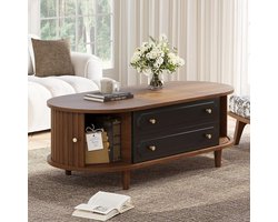 BLACKCOLORS 100 x 50 x 36 cm, salontafel, kleur notenhout. Salontafel met twee lades, salontafel met schuifdeur, bijzettafel, salontafel met 4 poten, kleur notenhout + zwart