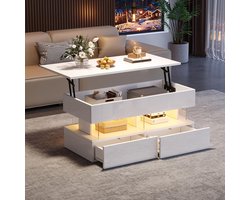 BLACKCOLORS 120 x 50 x 46 cm Opklapbare salontafel Salontafel met in hoogte verstelbaar blad en verborgen opbergruimte, glanzende bijzettafel met LED, salontafel met 2 lades, wit, MDF + gehard glas
