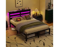 BLACKCOLORS 120x200 met bedframe LED-verlichting, LED-verlichting en USB-oplaadstation, metalen bed met metalen frame, bedframe zonder matras, bedframe met opbergruimte onder de matras