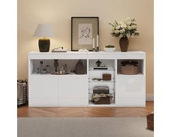 BLACKCOLORS 155,5*35*72 cm Salonkast, glanzende kast met LED, dressoirs met 3 deuren en 3 glazen wanden, eetkamerkast, brede vakken zonder handgrepen, bijzetmeubel voor bank, wit