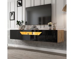 BLACKCOLORS 180*37*36 cm tv-meubel met 3 opbergvakken Ondermeubel, hangende plank, glanzend tv-meubel met ledverlichting, tv-meubel, aan de muur te bevestigen, geschikt voor tv's tot 75 inch, zwart + originele houtkleur
