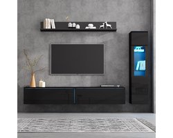 BLACKCOLORS 3-delige tv-wandmeubelset LED-verlichting Glanzend zwart Woonkamermeubelset Wandmeubelset voorzijde Zwart 1 x tv-meubel, 1 x vitrinekast, 1 x hangende plank, tv tot 80 inch