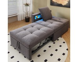 BLACKCOLORS - 3-in-1 Gestoffeerde Slaapbank - Multifunctioneel - Linnen Stof - Verstelbare Rugleuning - Armleuningen met LED-verlichting en USB/Type-C-poorten - Voor Kleine Ruimtes