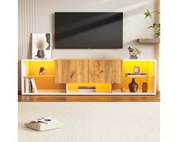 BLACKCOLORS 3-laags tv-meubel voor tv's tot 70 inch, modern tv-meubel met glazen opbergplateau en 2 lades, tv-standaard, geschikt voor woonkamer, slaapkamer, wit