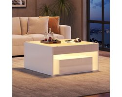 BLACKCOLORS 70 x 70 x 35 cm Salontafel, bijzettafel met 2 lades, salontafel, glanzende salontafel, salontafel met opengewerkt design, bureau en eettafel van gehard glas met LED, wit