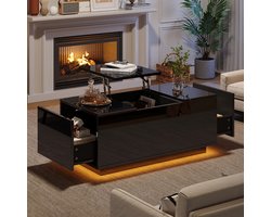 BLACKCOLORS 95*48*40 cm Salontafel met opklapbaar blad, in hoogte verstelbaar, uitschuifbaar, tafel met opklapbaar blad. Salontafel met 2 lades, salontafel met ledverlichting, multifunctionele salontafel met opklapbaar blad, zwart