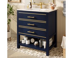 BLACKCOLORS Badkamermeubel met keramische wastafel – Vrijstaand badkamermeubel met 2 lades en open vak, hoogwaardig MDF-blad met gelakte afwerking, gouden handgrepen, zonder kranen en afvoer