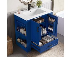 BLACKCOLORS - Badkamermeubel - Vrijstaand - Afmetingen: 76 x 46 x 78,5 cm - Met wastafel - Volledig gelakt - Dubbeldeurs planchetten - Stille laden - Planchetten aan beide zijden - Geïntegreerde keramische wastafel - Blauw