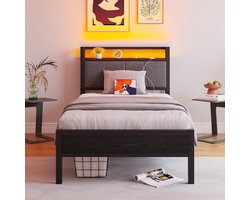 BLACKCOLORS Bedframe 90 x 200 cm met slimme ledverlichting, hoofdeinde met USB-oplaadstation, ondersteunend platform met ultrasterke metalen latten, geruisloos, eenvoudige montage, geen springverenbodem nodig