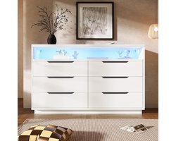 BLACKCOLORS Buffetkast, ladekast met ledverlichting en 6 lades, opbergvak met marmeren korrel, moderne kast voor woon- en slaapkamer, 120x40x85cm, wit