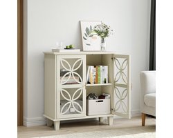 BLACKCOLORS Buffetkast met verstelbare planken, vrijstaande badkamerkast met deuren van gehard glas, modern retro keukenconsole, decoratieve opbergkast met twee deuren,