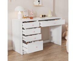 BLACKCOLORS Bureau, eenvoudig kinderbureau, tijdloos computerbureau/kaptafel, met 5 opberglades, roze keramische handgrepen, geschikt voor alle leeftijden, wit, 120×45×74 cm