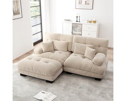 BLACKCOLORS Cloud hoekbank voor de woonkamer, tweezitsbank in chenille met 2 lendenkussens en 2 sierkussens, gestoffeerde bank met brede armleuningen en poef, lichtbruine chenille