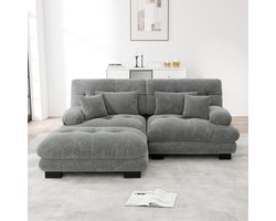BLACKCOLORS Cloud hoekbank voor de woonkamer, tweezitsbank in chenille met 2 lendenkussens en 2 sierkussens, gestoffeerde bank met brede armleuningen en poef, grijs chenille