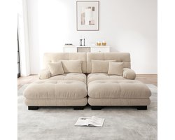 BLACKCOLORS Cloud hoekbank voor de woonkamer, tweezitsbank in chenille met 2 rugkussens en 2 sierkussens, gestoffeerde bank met brede armleuningen en 2 poefs, lichtbruine chenille