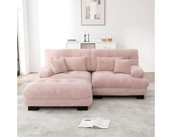 BLACKCOLORS Cloud hoekbank voor woonkamer, dubbele bank in chenille met 2 lendenkussens en 2 sierkussens, gestoffeerde bank met brede armleuningen en poef, roze chenille