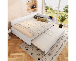 BLACKCOLORS Dagbed, 140*200 cm Dagbed, slaapbank, bed met lattenbodem (zonder matras), met nachtlampje, met multifunctioneel uitschuifbed, USB-aansluiting, type C, comfortabel materiaal, imitatie fleece, wit