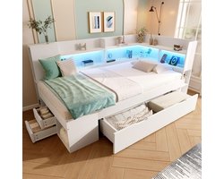 BLACKCOLORS Dagbed 90x200 cm, wit, functioneel bed met ledverlichting, eenpersoonsbed van spaanplaat met USB- en Type-C-oplaadstation, opbergruimte met planken en lades, tienerbed met lattenbodem inbegrepen (zonder matras)