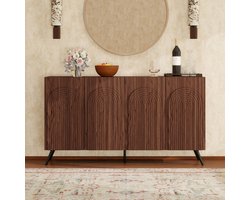 BLACKCOLORS Dressoir in mid-century-design, halmeubel in walnoothoutlook met 3D-groeven & boogdeuren, houtcomposiet, verstelbare legplanken, goudkleurige metalen poten