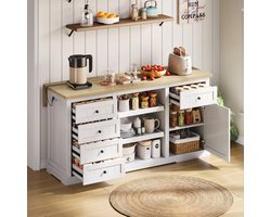 BLACKCOLORS - Dressoir - Keukeneiland - Barkast - 5 lades - 2 uitschuifbare planken - Opklapbaar verlengblad - Geïntegreerde stopcontacten - Voor keuken, eetkamer en woonkamer - Wit - 150×65×75 cm