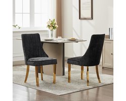 BLACKCOLORS Eetkamerstoelen van rayon met chenille-flockbekleding Channel-keukenstoel Comfortabele extra stoel van gewatteerde stof voor de eetkamer met poten van verguld roestvrij staal, set van 2 (zwart), DE1647BK