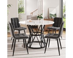 BLACKCOLORS Eettafelset (5-delig), eettafelset met 4 stoelen, moderne eettafelset voor de keuken, ronde keukentafel met een diameter van 100 cm, zwarte metalen poten, marmeren MDF-blad, eetkamerstoelen van grijs fluweel