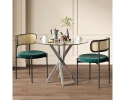 BLACKCOLORS Eettafelset (bestaande uit een eettafel en 2 stoelen), tafelblad van gehard glas 80*80*75, moderne eettafel, gegalvaniseerde tafelpoten, salontafel, groene eetkamerstoelen, zilveren tafelpoten