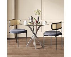 BLACKCOLORS Eettafelset (bestaat uit een eettafel en 2 stoelen), 80*80*75 tafelblad van gehard glas, moderne eettafel, gegalvaniseerde tafelpoten, salontafel, grijze eetkamerstoelen, zilveren tafelpoten