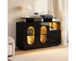 BLACKCOLORS Elegant zwart LED-dressoir met ovale glazen deuren en hoogglansfront – combineert modern design met praktische opbergruimte. Ideaal als vitrinekast, dressoir of minibar voor stijlvolle woonruimtes.