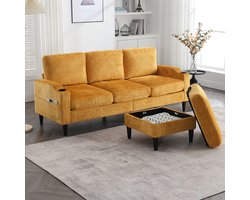 BLACKCOLORS Elegante bank met poef en opbergruimte – 4-zits met comfortabele armleuningen, bekerhouders, zijvakken en stevige kunststof poten, fluwelen bekleding voor een zacht gevoel op de huid