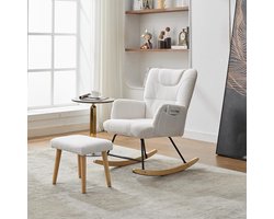 BLACKCOLORS Ergonomische schommelstoel met voetsteun, stabiel frame van rubberhout, wit, 30 graden kantelbaar, stoel met hoge rugleuning en voetsteun, relaxfauteuil, gestoffeerde relaxfauteuil voor de woonkamer