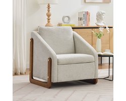 BLACKCOLORS Fauteuil, bijzetstoel voor de woonkamer, loungestoel, moderne stoel met houten armleuningen, met rugkussen, beige chenille stof, 73,5*73,5*73,5 cm, set van 1
