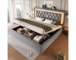 BLACKCOLORS fluwelen 140x200 cm bed, grijze tweepersoons met LED-hoofdeinde, USB/Type-C, hydraulische berging, lattenbodem – zonder matras