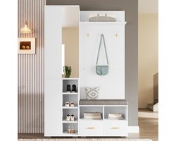 BLACKCOLORS Garderobeset met wandgarderobe, halmeubel met spiegel, kledingstang, schoenenbank met open rek, 3 haken, 2 lades en opbergvak, wit, 120 x 35 x 190 cm.