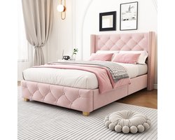 BLACKCOLORS Gestoffeerd bed 90*200 cm met lattenbodem en hoofdeinde, knopenbekleding, klinknagelbekleding, houten poten, fluweel, roze